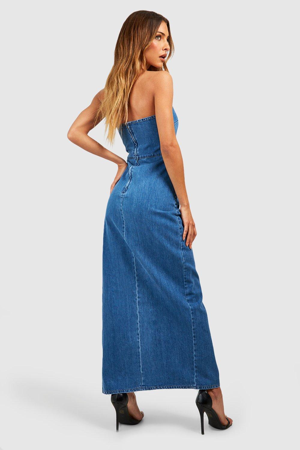 Denim Side Split Bandeau Maxi Dress